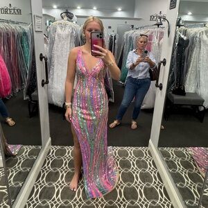 Pink, Blue, and Purple sequin prom dress.